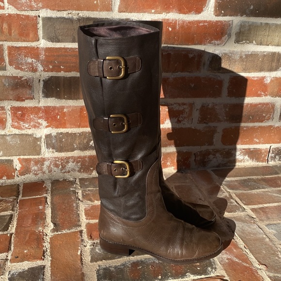 Stuart Weitzman Ludlow Leather Canvas Riding Boots - Picture 5 of 16